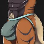 abs anthro anthrofied big_bulge black_body black_fur black_stripes bulge clothing crotch_shot fur grey_background jockstrap male multicolored_body multicolored_fur muscular muscular_anthro muscular_male orange_body orange_fur pokemorph pubes simple_background solo stripes tan_body tan_fur underwear dynosaur goldenfur nintendo pokemon goldyne arcanine canid canine generation_1_pokemon mammal pokemon_(species) 1:1