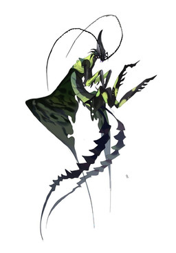 2_tails ambiguous_gender antennae_(anatomy) cloak clothing curled_up eyeless feral floating green_body long_antennae long_tail mandibles multi_limb multi_tail simple_background solo tail white_background kamikiri_t arthropod humanoid insect hi_res