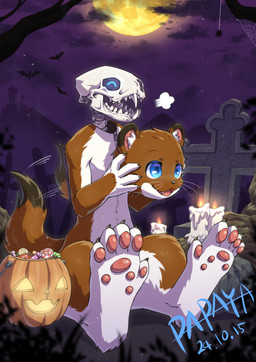 ambiguous_gender anthro blue_eyes bone brown_body brown_fur candle candy clothing costume dessert fangs food fur fursuit holidays moon open_mouth outside purple_sky sitting skeleton skull sky solo tail tail_motion tailwag teeth white_body white_fur papayafurry halloween animated_skeleton mammal mustelid otter undead hi_res
