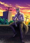 4_toes 5_fingers anthro city city_background clothing feet fingers fur grey_body grey_fur holding_necktie looking_at_viewer male necktie shirt sitting solo sunset toes topwear white_clothing white_shirt white_topwear echoeclair beastars legoshi_(beastars) canid canine canis mammal wolf absurd_res hi_res