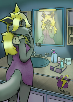 altered_reflection bathroom blonde_hair collar eyewear female fur glasses grey_body grey_fur hair inside looking_at_viewer mane mirror mirror_reflection reflection solo towel towel_wrap kynmedia nintendo pokemon kyn_skyther canid canine canis eeveelution generation_1_pokemon hybrid jolteon mammal pokemon_(species) wolf hi_res