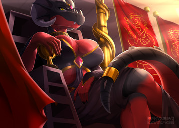 anthro banner big_breasts breasts chair choker clothing crossed_legs female fin furniture gem horn jewelry looking_at_viewer low-angle_view necklace non-mammal_breasts patreon_logo red_body red_scales ring scales sharp_teeth sitting solo tail teeth throne ventral_scales yellow_eyes yoko_darkpaw mythology patreon tempest dragon mythological_creature mythological_scalie scalie 2024 digital_media_(artwork) hi_res signature