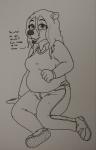 belly bottomwear clothing denim denim_bottomwear denim_clothing female jeans overweight overweight_female pants solo text ponyquarantine rachel_meeks bear mammal absurd_res black_and_white english_text hi_res monochrome