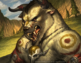 anthro brown_body brown_fur day detailed_background fur grass horn looking_at_viewer male open_mouth outside plant sharp_teeth skull_accessory solo teeth tree alex_alexandrov blizzard_entertainment warcraft world_of_warcraft_trading_card_game bovid bovine mammal tauren official_art