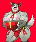 anthro areola bell bell_collar big_nipples big_pecs biped black_ears black_nose box bulge cheek_tuft christmas_clothing christmas_decorations christmas_headwear christmas_lights christmas_present clothed clothing collar container deer_antlers detailed_bulge ear_tuft eyebrows facial_tuft fluffy fluffy_tail fur genital_outline gift gift_box grey_body grey_fur headgear headwear holding_gift holding_object holidays male male_anthro moobs muscular muscular_anthro muscular_arms muscular_legs muscular_male nipples one_eye_closed pecs penis_outline pink_nipples raised_tail red_background red_clothing red_collar red_ribbon red_underwear ribbons simple_background solo standing tail thick_eyebrows thong tongue tongue_out topless topless_anthro topless_male tuft underwear meejikom christmas microsoft minecraft mojang xbox_game_studios canid canine canis mammal wolf wolf_(minecraft) 2023 hi_res