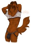 2020 abs anthro brown_body brown_fur brown_hair bulge canid canine canis chest_tuft clothed clothing crop_top domestic_dog facial_piercing fluffy fluffy_tail freckles fur hair hi_res jockstrap looking_at_viewer lute_(maplepudding) male mammal maplepudding nipples nose_piercing piercing presenting shirt skimpy smile solo standing tail topwear tuft underwear yellow_eyes