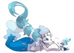 ambiguous_gender anthro blue_eyes blue_hair blush blush_lines eyelashes gem hair lying on_front pearl_(gem) simple_background smile solo starfish_(accessory) tail toy white_body sstoh nintendo pokemon asterozoan echinoderm generation_7_pokemon marine pokemon_(species) primarina starfish 2025