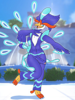 anthro balls blue_body blue_eyes blue_feathers casual_nudity dancing feathers flaccid foreskin fountain genitals glistening glistening_body humanoid_genitalia humanoid_penis male one_eye_closed orange_body orange_feathers penis plant scuted_feet scutes shrub solo white_body white_feathers wide_hips wink yellow_body kamek_sans nintendo pokemon generation_9_pokemon pokemon_(species) quaquaval 3:4 absurd_res hi_res