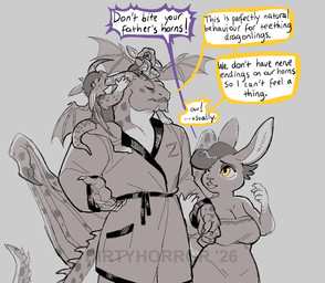 ambiguous_gender anthro bathrobe bite clothed clothed_anthro clothed_female clothed_male clothing dialogue family female fur group hair horn horn_bite horn_in_mouth husband_and_wife male male/female married_couple membrane_(anatomy) membranous_wings neonate nightgown robe scales speech_bubble tail text wings worried young dirtyhorror mythology megara_(zaphoros) zaphoros dragon hybrid lagomorph leporid mammal mythological_creature mythological_scalie rabbit scalie english_text hi_res father_(lore) father_and_child_(lore) mother_(lore) mother_and_child_(lore) mother_and_father_(lore) parent_(lore) parent_and_child_(lore) sibling_(lore)