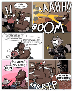 annoyed anthro big_breasts black_clothing blush bodily_fluids bodysuit bomb boots breasts clothed clothing coat detective dialogue duo explosion explosives eyewear female female_anthro femme_fatale footwear fur goggles high_heeled_boots high_heels huge_breasts jacket markings monkey_tail museum nervous nervous_sweat police pouch_(clothing) raccoon_tail ring_(marking) ringed_tail running running_away scared shocked shoes skinsuit smoke smoke_bomb smoke_cloud striped_markings striped_tail stripes sweat tail tail_markings text thief throwing throwing_bomb throwing_object tight_clothing topwear torn_clothing diegutan marcos_the_bear uva_the_raccoon bear brown_bear haplorhine mammal monkey primate procyonid raccoon ursine 4:5 absurd_res aliasing binary_drawing comic digital_drawing_(artwork) digital_media_(artwork) english_text hi_res