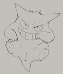 2020 anus female female_feral feral generation_1_pokemon gengar genitals grin hi_res long_ears looking_at_viewer monochrome nintendo on_model pokemon pokemon_(species) pussy simple_background smile solo spread_legs spreading teeth yaroul