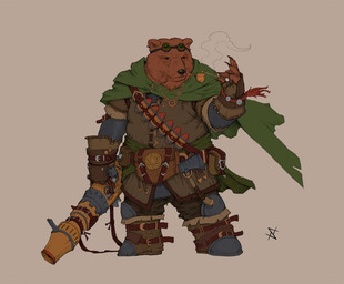 anthro armor axe belt belt_pouch boots cannon clothed clothing ear_piercing eyewear eyewear_on_head fanny_pack fantasy footwear fully_clothed gauntlets gloves goggles goggles_on_head handwear male match melee_weapon piercing ranged_weapon shoes smoking_pipe solo weapon stevesketches bear mammal
