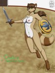 aggressive breasts cosplay female fur genitals jumping melee_weapon nipples nude pussy shield sword tail weapon dressari ckom soul_calibur sophitia_alexandra mammal procyonid raccoon 3:4 absurd_res hi_res