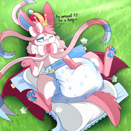 ambiguous_feral ambiguous_gender big_diaper blue_inner_ear blue_pawpads blue_sclera blush blush_lines bow_(anatomy) cape clean_diaper clothed clothing cloud_emanata crown dialogue diaper diaper_change diaper_puff emanata feral fur gloves_(marking) grass hand_on_diaper head_tuft headgear huge_diaper layered_diaper layering_diaper leg_markings light light_beam lying markings multicolored_body multicolored_fur on_back one_eye_closed open_mouth open_smile pattern_diaper pawpads pink_body pink_ears pink_fur pink_tail plant smile socks_(marking) solo sunbeam sunlight tail text touching_diaper tuft wearing_diaper white_body white_fur jupiters nintendo pokemon moon_(mrmoonmoo) eeveelution generation_6_pokemon pokemon_(species) sylveon 1:1 2022 english_text hi_res male_(lore)