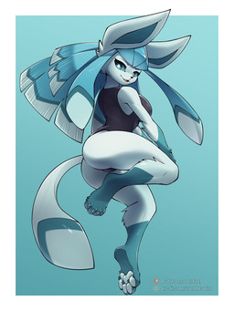 anthro anthrofied bent_legs blue_body blue_fur blue_hair breasts clothing female fur hair leotard looking_at_viewer low-angle_view multicolored_body pawpads paws pokemorph raised_paw smile swimwear thick_thighs conditional_dnp xael_the_artist nintendo pokemon eeveelution generation_4_pokemon glaceon pokemon_(species) 3:4 absurd_res hi_res