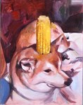 ambiguous_gender corn feral food lying object_on_head plant solo what saintlycharles canid canine canis domestic_dog mammal shiba_inu spitz 2021 hi_res painting_(artwork) traditional_painting_(artwork)