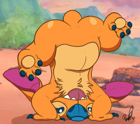 4_toes anthro beach biped blue_claws blue_eyes blue_nose claws feet finger_claws fur handstand male mountain notched_ear orange_body orange_fur pupils purple_inner_ear screencap screencap_background seaside small_tail solo tail toes tongue tongue_out white_pupils featheryflukes disney lilo_and_stitch fan_character lucho_(experiment_824) alien experiment_(lilo_and_stitch) 2021 cel_shading digital_drawing_(artwork) digital_media_(artwork) hi_res shaded signature