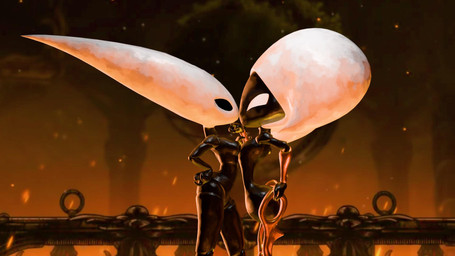 anthro arm_grab big_butt big_head biped breast_squish breasts breasts_frottage butt cartoon_nudity duo exoskeleton featureless_breasts featureless_chest featureless_crotch female gesture hand_gesture hand_on_hip horn non-mammal_breasts nude nude_female pointing pointing_at_another screencap screencap_background side_view small_breasts small_waist squish wasp_waist wide_hips shy_ayu hollow_knight:_silksong hollow_knight_(franchise) team_cherry hornet_(hollow_knight) lace_(hollow_knight:_silksong) arachnid arthropod homunculus spider 16:9 2026 3d_(artwork) digital_media_(artwork) hi_res mixed_media widescreen