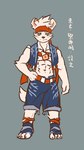 abs ainro anthro bottomwear canid canine canis clothing domestic_dog dong_xuan ear_piercing fur green_eyes hair hi_res male mammal muscular muscular_anthro muscular_male nipples pecs piercing shirtless_male shorts simple_background smile solo standing white_body white_fur
