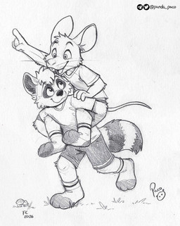 anthro arm_tuft bottomwear cheek_tuft closed_smile clothed clothing duo elbow_tuft facial_tuft footwear hair happy head_tuft holding_another logo male mouth_closed open_mouth open_smile playful shirt short_hair shorts simple_background smile socks t-shirt teeth topwear tuft whiskers young young_anthro young_male pandapaco mammal murid murine procyonid raccoon rat rodent 2026 artist_logo dated monochrome signature sketch