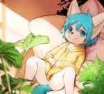 anthro black_nose blue_eyes blue_hair blue_tail bottomless cheek_tuft chest_tuft clothed clothing facial_tuft fluffy fur glistening glistening_eyes hair hands_on_stomach hoodie houseplant kemono light light_beam looking_at_viewer lying male plant smile solo spread_legs spreading sunbeam sunlight tail topwear tuft white_body white_ears white_fur yellow_clothing yellow_hoodie yellow_topwear young young_anthro naegi teru_(naegi) canid canine fox mammal 2019 digital_media_(artwork) digital_painting_(artwork) hi_res