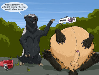animal_genitalia anus balls belly big_belly black_body black_fur brown_eyes burping claws dialogue duo feral feral_pred fully_inside fully_sheathed fur genitals huge_belly lying male male_feral male_pred markings on_back on_hind_legs outside pawpads paws penis penis_tip quadruped sheath short_tail speech_bubble spots spotted_body spotted_fur tail tail_anus talking_feral tan_body tan_fur text vore whiskers white_body white_fur strega issa_(strega) mdogo badger honey_badger hyena mammal mustelid musteline 2026 absurd_res english_text hi_res