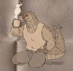 anthro clothing drinking facial_markings head_markings male markings mouth_strap muscular muscular_male shirt solo spikes steam tail tail_motion tailwag tank_top topwear zinthings dislyte lilith_games daylon_(dislyte) crocodile crocodilian reptile scalie