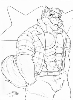 abs anthro bulge cheek_tuft chest_tuft clothed clothing facial_tuft hand_in_pocket legwear looking_at_viewer male muscular muscular_anthro muscular_male open_clothing open_topwear pattern_background pecs pockets pupils simple_background slit_pupils solo standing star-shaped_background star_polygon topwear tuft crazydrak canid canine mammal 2017 dated hi_res monochrome portrait signature sketch three-quarter_portrait