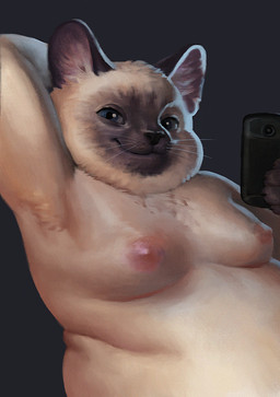anthro black_nose camera cellphone electronics holding_object holding_phone male moobs nipples nude overweight overweight_male phone selfie smile solo whiskers chubby-shark jameel colorpoint domestic_cat felid feline felis mammal oriental_shorthair siamese_cat 2018