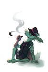 anthro clothed clothing female fully_clothed green_body simple_background sitting smoking solo white_background claragonza3 reptile scalie snake 2:3 absurd_res digital_media_(artwork) full-length_portrait hi_res portrait