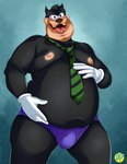 2021 anthro belly black_body black_nose briefs bulge clothing dirty-palms disney felid feline gloves goof_troop green_necktie handwear hi_res humanoid_hands male mammal moobs necktie nipples overweight overweight_male pete_(disney) peter_pete_sr. purple_briefs purple_clothing purple_underwear simple_background solo underwear uvula white_clothing white_gloves white_handwear