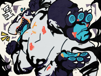 3_toes 4_fingers anthro black_body blue_tongue claws feet fingers laugh male multicolored_body navel open_mouth open_smile pecs slightly_chubby slightly_chubby_anthro slightly_chubby_male smile teeth tickle_fetish tickle_torture tickling tickling_feet toe_claws toes tongue white_body patugh marvel jeff_the_land_shark venom_(marvel) alien fish marine shark symbiote hi_res