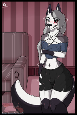 4_fingers angry anthro biped black_clothing blush clothed clothed_female clothing ear_piercing eyebrow_piercing facial_piercing fangs female fingers fluffy fluffy_tail fully_clothed fully_clothed_female fur furniture grey_body grey_hair hair inner_ear_fluff inside legwear logo long_tail looking_at_viewer navel piercing red_sclera simple_background sofa solo standing tail teeth thick_thighs thigh_highs topwear tuft white_body white_eyes white_fur comicstormcreations hellaverse helluva_boss mythology loona_(helluva_boss) canid canid_demon canine demon hellhound mammal mythological_canine mythological_creature 2025 absurd_res artist_logo digital_drawing_(artwork) digital_media_(artwork) hi_res shaded signature