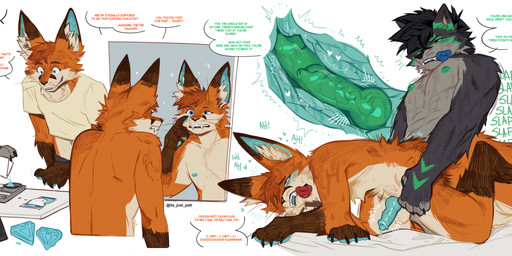anal animal_genitalia animal_penis anthro black_body black_fur black_hair blue_eyes blue_inner_ear blue_nipples bottomwear brown_hair canine_genitalia canine_penis clothing countershade_face countershade_torso countershading cutaway dialogue drugs duo from_behind_position fur genitals green_nipples green_penis grey_body grey_fur hair heart_symbol internal male male/male mirror motion_lines nipples nude object_in_mouth onomatopoeia orange_body orange_fur pacifier pacifier_in_mouth penis profanity sex shirt sound_effects t-shirt teal_penis text topwear white_body white_fur yellow_eyes its_just_patt patt_(its_just_patt) canid canine mammal absurd_res english_text hi_res