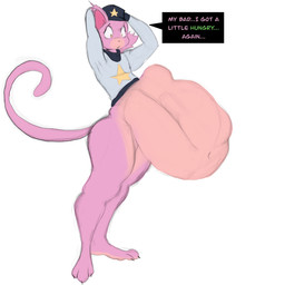 abdominal_bulge accidental_vore anthro belly belly_overhang big_belly blue_clothing butt clothing dialogue feet fur hair male navel oral_vore orange_belly overweight overweight_anthro overweight_male overweight_pred pink_body pink_fur safe_vore simple_background simple_eyes solo tail text unseen_prey vore white_background white_clothing troppygutz troppy domestic_cat felid feline felis mammal 1:1 2025 artist_name digital_drawing_(artwork) digital_media_(artwork) digital_painting_(artwork) english_description english_text flat_colors hi_res painting_(artwork) shaded soft_shading watermark
