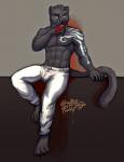 5_fingers abs anthro biceps blood bodily_fluids bottomwear clothing fingers fur male melanistic muscular muscular_anthro muscular_male pants pecs simple_background solo tattoo byowt julio_onca_(adaoz) felid jaguar mammal pantherine 2019 digital_media_(artwork) hi_res