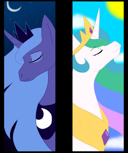 day duo female feral horn moon night princess royalty simple_background sky star starry_sky sun toony kourabiedes friendship_is_magic hasbro my_little_pony princess_celestia_(mlp) princess_luna_(mlp) equid equine horse mammal pony 5:6 hi_res sibling_(lore) sister_(lore) sisters_(lore)