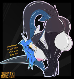 anthro armwear balls bent_over big_balls big_breasts big_butt black_body black_sclera blue_hair blush boots breasts butt clothing dialogue elbow_gloves footwear genitals gloves gynomorph hair handwear high_heeled_boots high_heels huge_balls huge_breasts intersex legwear nipples non-mammal_balls non-mammal_nipples orange_blush orange_eyes scrotum_flap shoes solo tail tapering_tail text thigh_boots thigh_highs zigzagmag sophie_(zigzagmag) aquatic fish latex_creature shark 2025 digital_media_(artwork) english_text hi_res