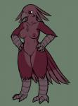 anthro beak biped breasts feathers female genitals green_background nipples non-mammal_breasts non-mammal_nipples nude pussy simple_background solo standing tail tail_feathers slinkoboy avian bird keynain