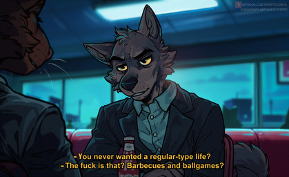 anthro cafe cheek_tuft clothing dialogue diner dramatic duo eyebrow_slit eyebrows facial_tuft female film_scenes fluffy fluffy_tail food furniture head_tuft inside ketchup male male/female profanity public restaurant sitting smile suit table tail text tired tuft spiritd dreamworks heat_(film) the_bad_guys diane_foxington mr._wolf_(the_bad_guys) canid canine canis fox mammal wolf english_text film_grain hi_res subtitled url
