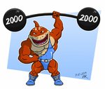 abs anthro barbell biceps blue_clothing boots clothing exercise footwear gym male muscular muscular_anthro muscular_male nipples number pecs shoes solo weightlifting workout wrestling_singlet gepredators street_sharks slammu carpet_shark fish marine shark whale_shark