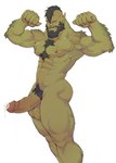 abs balls beard black_hair facial_hair fangs genitals green_body green_skin hair male muscular muscular_humanoid muscular_male nipples nude penis pointy_speech_bubble pubes sharp_teeth simple_background solo speech_bubble teeth white_background suchmim humanoid orc hi_res