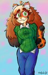 anthro bodily_fluids bottomwear clothed clothing collared_shirt denim denim_bottomwear denim_clothing eyewear female fur glasses green_eyes hair hands_behind_back inner_ear_fluff jeans long_hair nervous_smile nervous_sweat orange_body orange_fur orange_hair pants patterned_fur pink_nose simple_background smile solo sweat sweater tail topwear tuft miniscule_(minisculeiscool) calico_cat domestic_cat felid feline felis mammal digital_media_(artwork) hi_res