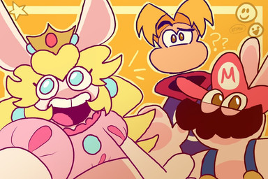 anthro big_nose black_facial_hair black_mustache blonde_hair blue_clothing blue_ear_piercing blue_eyebrows blue_line_art blue_overalls brown_eyes clothed clothed_anthro clothed_female clothed_humanoid clothed_male clothing confusion crown ear_piercing eyebrows eyelashes facial_hair female female_anthro floating_head gem group hair half-closed_eyes hand_pawpads happy hat headgear headwear hoodie long_ears looking_at_viewer male male_anthro mitten_hands mustache narrowed_eyes no_pupils noseless open_mouth open_smile orange_background overalls pawpads piercing pink_clothing pink_shirt pink_tongue pink_topwear purple_clothing purple_hoodie purple_topwear question_mark red_clothing red_hat red_headwear ruby_(gem) sapphire_(gem) shirt short_hair simple_background smile star_(shape) taking_picture taking_selfie tan_inner_ear tan_pawpads teeth text tongue tooth_gap topwear trio letsmoo427 mario_bros mario_plus_rabbids_kingdom_battle mario_plus_rabbids_sparks_of_hope nintendo raving_rabbids rayman_(series) ubisoft rabbid_mario rabbid_peach rayman humanoid lagomorph mammal rabbid raypeople_(rayman) 2024 3:2 artist_name colored_line_art crossover digital_drawing_(artwork) digital_media_(artwork) english_description flat_colors