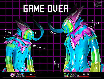 anthro biped caught duo female fur gameplay_mechanics goo_transformation lock_bulge male multicolored_body multicolored_fur slim_anthro slim_female slim_male transformation tube_in_mouth riggedreded canid canine fox mammal 2025 hi_res