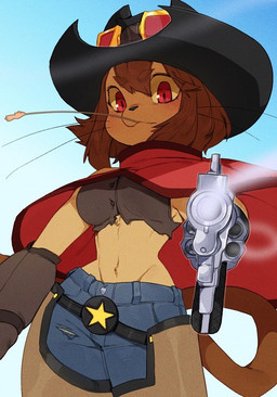 ammunition anthro bangs black_clothing black_hat black_headwear bottomwear brown_hair brown_tail chaps chewing_grass clothing cowboy_hat cowboy_outfit cowgirl_outfit crop_top eyebrow_through_hair eyebrows female gloves gradient_background gun gun_arm hair handgun handwear hat headgear headwear magenta_eyes midriff object_in_mouth outside pants pointing_gun pointing_gun_at_viewer poncho ranged_weapon red_eyes revolver shirt simple_background single_glove sky smoking_gun solo tail topwear translucent translucent_hair weapon weapon_arm wheat whiskers punipaws gameoverse glitch_productions kit_bodega domestic_cat felid feline felis mammal 2026 digital_media_(artwork) portrait shaded three-quarter_portrait
