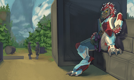 3_fingers 3_toes anthro anthro_focus arm_feathers arm_tuft armor beak carbine claws feather_hair feathered_crest feathers feet finger_claws fingers forest forest_background grey_body grey_scales group gun halo_(device) head_crest holding_gun holding_object holding_ranged_weapon holding_weapon landscape_background looking_at_viewer male nature nature_background one_leg_up outside plant pseudo_hair pupils raised_leg ranged_weapon scales scuted_hands scutes sitting slit_pupils solo_focus spurs_(anatomy) toe_claws toes tree trio tuft weapon yellow_eyes deader halo_(series) microsoft xbox_game_studios fan_character nor_zauth alien avian kig-yar sangheili scalie t'vaoan colored hi_res