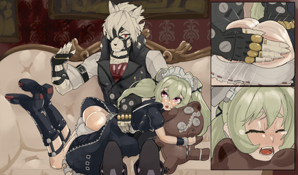 anthro bodily_fluids butt_slap clothed clothing clothing_lift corporal_punishment crying dominant dominant_male dress dress_lift duo female male on_knee on_lap otk punishment slap smacking_ass spanking submissive submissive_female tears perpentach mihoyo zenless_zone_zero von_lycaon canid canine canis felid mammal thiren wolf absurd_res hi_res