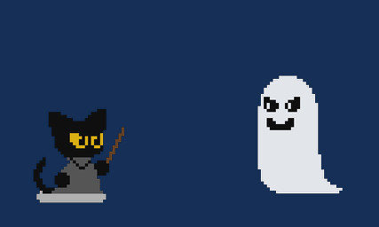 anthro clothed clothing duo holidays wand yellow_eyes nulloffset google google_doodle halloween magic_cat_academy momo_(google) domestic_cat felid feline felis ghost mammal spirit 2016 5:3 alpha_channel animated low_res