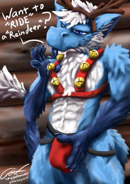anthro bedroom_eyes bell bell_harness blue_body blue_eyes bulge bulge_grab christmas_clothing claws clothed clothing clothing_pull costume dialogue fur harness holidays jockstrap jockstrap_only log_cabin male narrowed_eyes reindeer_antlers reindeer_costume seductive solo tail text tongue tongue_out topless underwear underwear_only wall_(structure) white_body wood wood_wall galma christmas mythology galma_(character) dragon furred_dragon furred_scalie mythological_creature mythological_scalie scalie 2025 absurd_res hi_res signature url